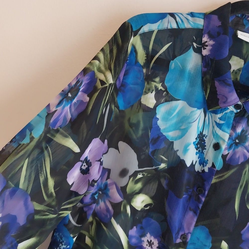 Susan Graver Purple & Blue Tropical Floral Semi Sheer Button Front Blouse - Picture 4 of 8